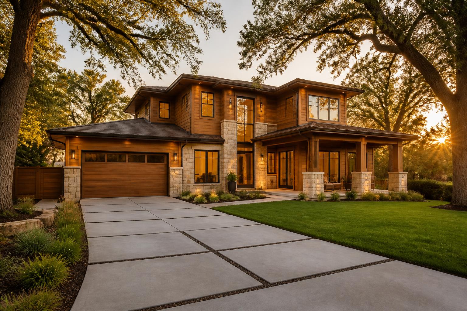 Finished custom home exterior at golden hour with timber and stone details