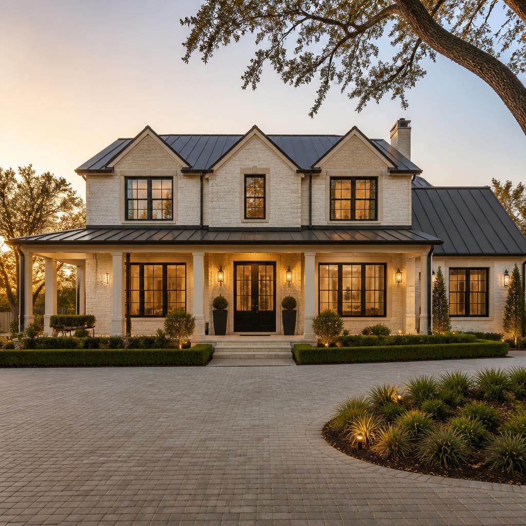 Transitional brick and stone custom home exterior
